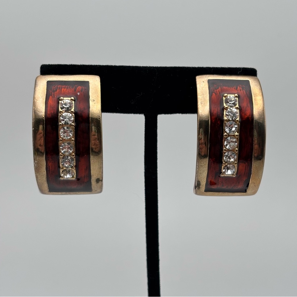 Vintage Gold-Tone Enamel Rhinestone Clip-On Earrings - Picture 2 of 6